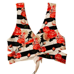 Handmade Floral Wrap Crop Top | Striped Tie-Front Bralette | Cotton Lycra – M